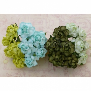 Mixed Green Tone Paper Cottage Roses 3cm - 4 ks